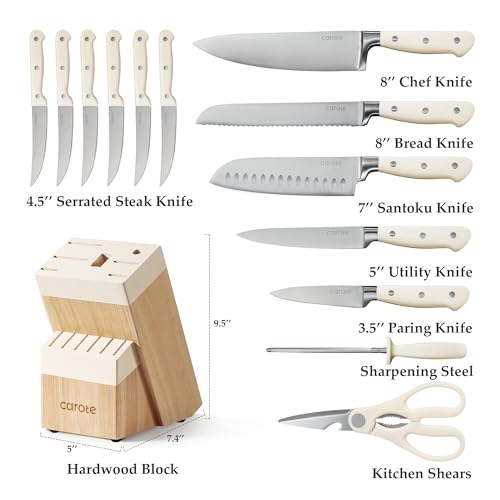 CAROTE 14 Pieces Knife Set with Block, Forged, High Carbon Stainless Steel Sharp Blade Block Knife Set, Dishwasher Safe Cutlery, Cream