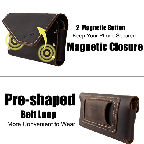 Topstache Leather Phone Holster with Belt Loop, Magnetic Closure Cell Phone Pouch Card Holder Wallet, Handmade Leather Phone holder for iPhone 14 Pro Max,(Fits Phone with Otterbox Case on)XL,Darkbrown