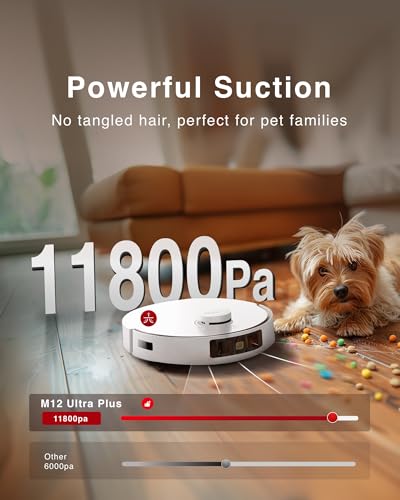 Yeedi M12 Ultra Plus Robot Vacuum and Mop, Upgrade 11800Pa Strong Suction, ZeroTangle Technology, TruEdge Deep Mopping, Auto Mop Washing/Drying, Auto-Lift Mopping, Mini Omni Station, White