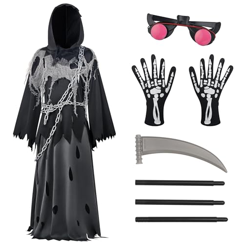 Spooktacular Creations Glowing Eyes Grim Reaper Costume for Kids, Halloween Costume for Boys, Phantom Costume-M(8-10yr)