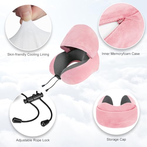 Cirorld Travel Pillow, Neck Pillow for Travel with Hood for Airplane, Velvet Memory Foam Neck Pillow Women Lady Head & Neck Support, for Long Flights Plane, Office, Cars Sleeping & Rest (Pink)