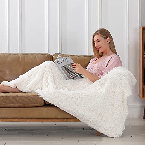 Tuddrom Decorative Extra Soft Fuzzy Faux Fur Throw Blanket 50" x 60",Solid Reversible Long Hair Shaggy Blanket,Fluffy Cozy Plush Comfy Microfiber Fleece Blankets for Couch Sofa Bedroom,Cream White