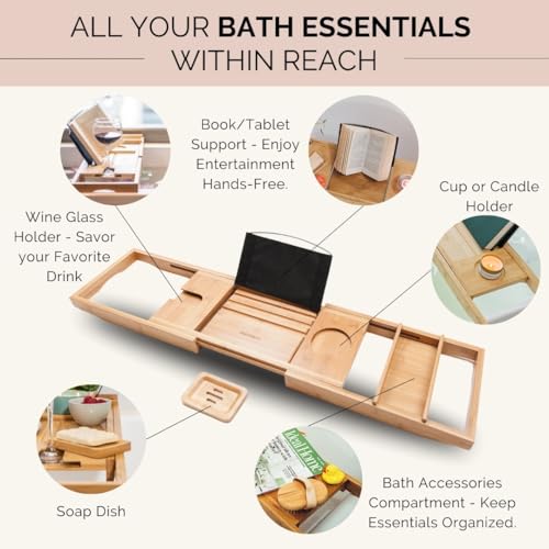 Bamboo Bathtub Tray Caddy Expandable - Over The Tub Bath Caddy Tray for Bathtub Accessories for Relaxing Spa, Bamboo Bath Tray for Tub Accessories for Bathtub for Women. Bath Spa Gifts for Women.