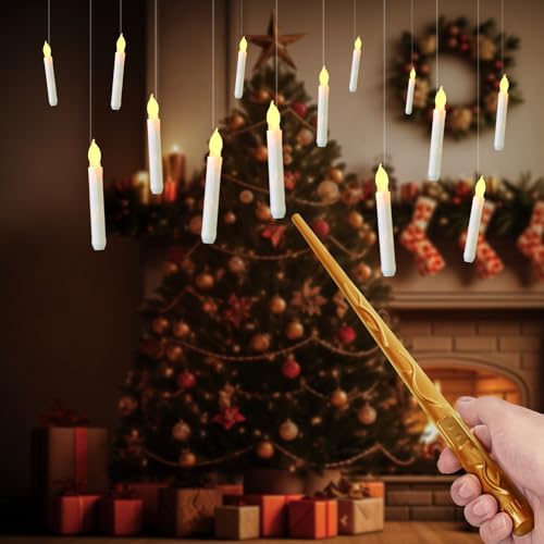 Floating Candles with Wand, 12 Pcs Magic Hanging Candles Flameless, Flickering Warm Light LED Taper Candle with Wand Remote, Battery Operated Window Candle Set for Halloween Witch Wizzard Decors