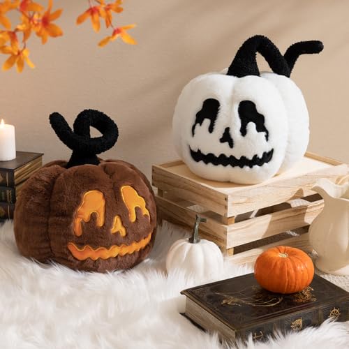 Ashler Halloween Pumpkin Pillows, Ghost Pumpkin Throw Pillows, Halloween Decorative 3D Pumpkin Shaped Faux Rabbit Fur Pillow, Ultra Soft Fluffy Jack-O-Lantern Pumpkin Cushion, White, 9 x 11 inches