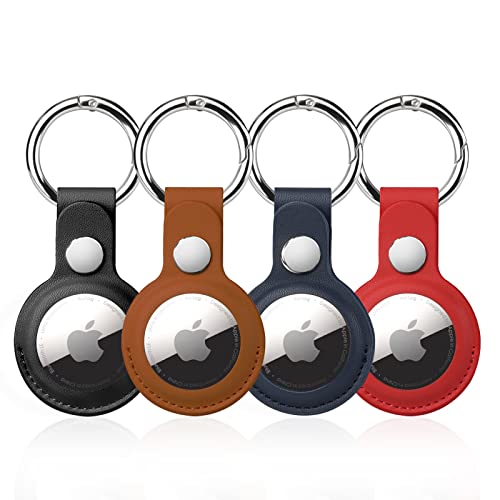 4 Pack Airtag Holder for Apple Air Tag Keychain, PU Leather Airtag Case, Air Tagsmate for Luggage, Comes with Ring Metal Snap Keyring for Luggage, Keys, Pets, Kids Bag