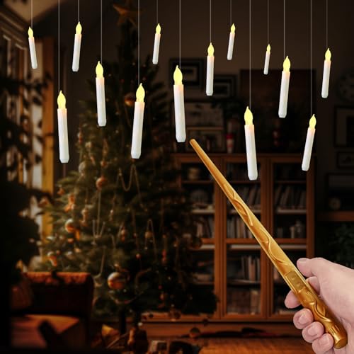 Floating Candles with Wand, 12 Pcs Magic Hanging Candles Flameless, Flickering Warm Light LED Taper Candle with Wand Remote, Battery Operated Window Candle Set for Halloween Witch Wizzard Decors