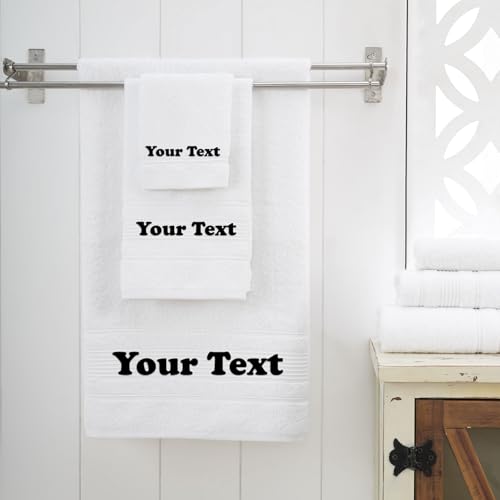 Personalize Your Towels with Custom Embroidery: Names, Monograms, and Initials. Perfect For Kids, Adults, Pool, Travel, Gifts, 3-Piece Towel Set; 1 Bath Towel, 1 Hand Towel, and 1 Wash Cloth - White