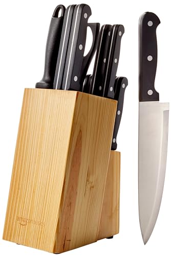 Amazon Basics 14-Piece High Carbon Stainless Steel Kitchen Knife Set with Sharpener and Pinewood Block, Black