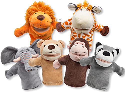 JOYIN 6Pcs Kids Hand Puppet Set with Working Mouth, Toddler Animal Plush Toy Includes Elephant, Giraffe, Lion, Bear, Raccoon and Monkey for Show Theater, Birthday Gifts