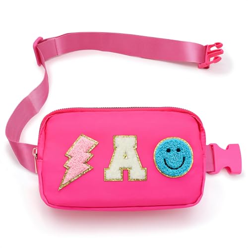 Fanny Pack for Girls Crossbody Bag, Preppy Nylon Kids Belt Bag for Birthday Christmas Graduation Personalized Gifts, Pink Chenille A Letter for Women Teen Girls Fanny Pack