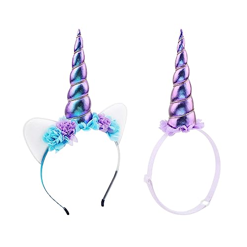 YanJie Unicorn Headband for Girls Shiny Blue Horn Headband Ears Flower Headband Cosplay Costume Accessory Unicorn Horn Headwear for Girls Rave Costume