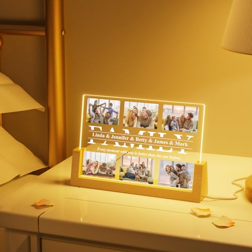 Bemaystar Personalized Gifts for Family: Customized Text Night Light with Picture Frame, Mothers Day Gifts from Daughter Son