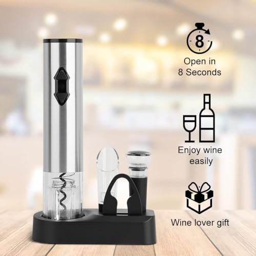 CIRCLE JOY 5-in-1 Electric Wine Opener Gift Set Stainless Steel Electric Wine Bottle Opener Battery Operated Corkscrew with Foil Cutter, Wine Pour, Wine Stopper and Storage Base, Silver