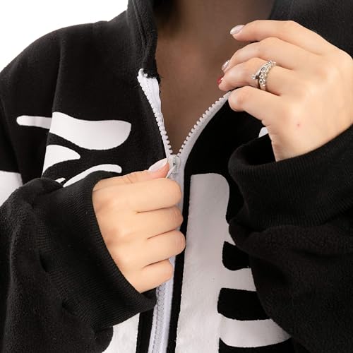 Spooktacular Creations Skeleton Costume, Unisex Adult Skeleton Pajamas, Plush Skeleton Hoodie Zippered Skeleton Jumpsuit, One Piece Halloween Costume Sleepwear for Cosplay Themed Parties (Large)