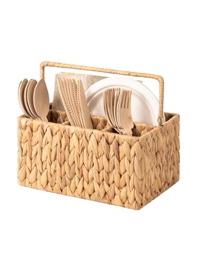 StorageWorks Hand-Woven Wicker Silverware Organizer - Water Hyacinth Cutlery Holder for Countertop with Handle (1-Pack)