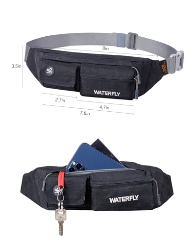 WATERFLY Fanny Pack for Women Men Water Resistant Small Waist Pouch Slim Belt Bag with 4 Pockets Lightweight Crossbody Chest Bag Fit All Phones, 11.02 x 2.1 x 4.3 inch