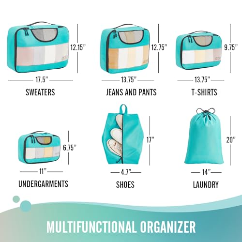 Veken 6 Set Packing Cubes for Suitcases, Travel Essentials for Carry on Luggage, Suitcase Organizer Bags Set for Travel Accessories in 4 Sizes(Extra Large, Large, Medium, Small)，Cyan