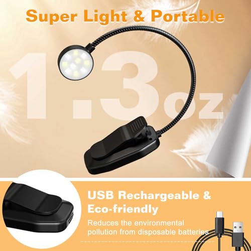 KTEBO Rechargeable Book Reading Light - Adjustable Brightness, 3 Color Temperatures, 30+ Hours Runtime - Eye Care 10 LED Lamp for Reading for Bed