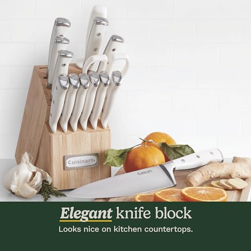 Cuisinart 15-Piece Knife Set with Block, High Carbon Stainless Steel, Forged Triple Rivet, White, C77WTR-15P