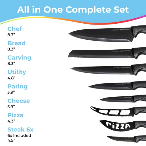 LUCENTEE - 17pc Kitchen Knife Set, Kitchen Gadgets with Steak Knives, Carving Knives for Kitchen, Chef Knife Set, Black Knife Set, Ultra-Sharp Ergonomic Knife Set, Scissors, Peeler and Knife Sharpener