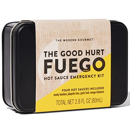 The Good Hurt Fuego by Thoughtfully, Emergency Kit Hot Sauce Gift Set, Flavors Include Smoky Bourbon, Jalapeno Lime, Mango Habanero, and Garlic Herb, Set of 4