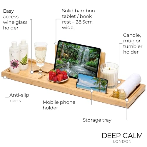 Deep Calm Bathtub Tray Caddy - Bamboo Foldable Bath Tub Table, Expandable Bath Tray Holds All Bathtub Accessories, Perfect Luxury Relaxing Gift for Self Care