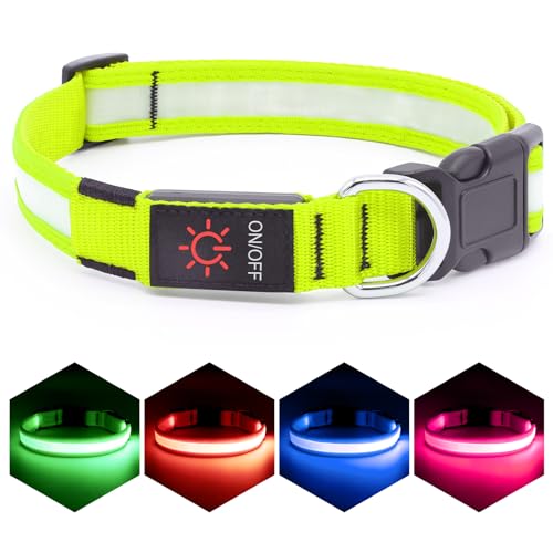 Vizpet LED Dog Collar, Light Up Dog Collar Adjustable USB Rechargeable Super Bright Safety Light Glowing Collars for Dogs(Large,Green)