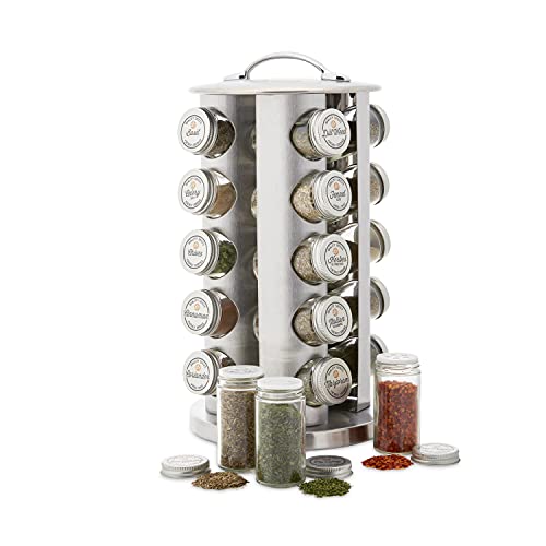 Allrecipes Revolving 20-Jar Spice Rack Tower Organizer with Free Spice Refills for 5 Years, Brushed Stainless Steel