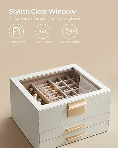 SONGMICS Jewelry Box with Glass Lid, 3-Layer Jewelry Organizer, 2 Drawers, for Big and Small Jewelry, Jewelry Storage, Modern Style, 8 x 9.1 x 5.3 Inches, Cloud White and Gold Color UJBC239WT