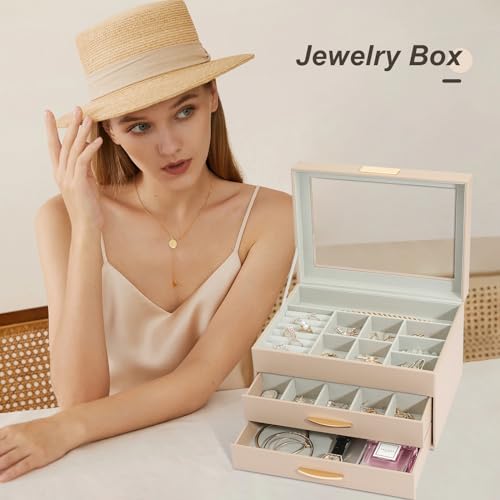 V-LAFUY Jewelry Organizer Box with Glass Lid, Women Jewelry Box Jewelry Display Case 3-Layer with 2 Drawers, Christmas Gifts for Women, Glass Lid Apricot