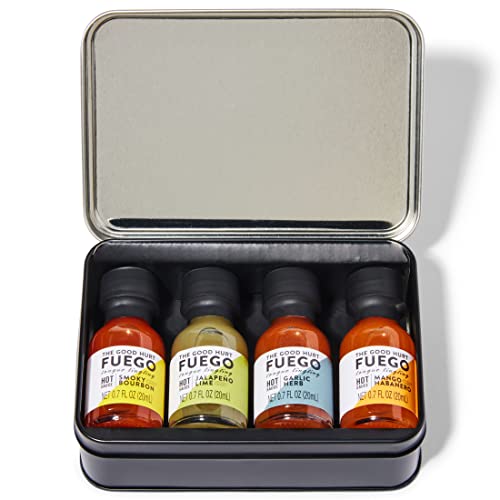 The Good Hurt Fuego by Thoughtfully, Emergency Kit Hot Sauce Gift Set, Flavors Include Smoky Bourbon, Jalapeno Lime, Mango Habanero, and Garlic Herb, Set of 4