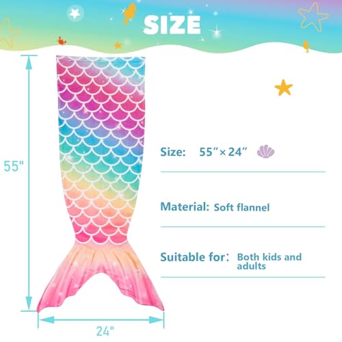 WERNNSAI Mermaid Tail Blanket - Plush Mermaid Wearable Blanket for Girls Teens All Seasons Soft Flannel Snuggle Blanket little Mermaid Scale Sleeping Bag 55" x 24" (Rainbow)