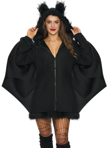 Spooktacular Creations Woman’s Black Bat Costume Women, Adult Bat Wing Zip Hoodie, Halloween Costumes for Adults (X-Large)