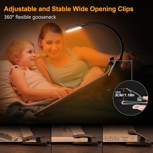 Gritin 16 LED Rechargeable Book Light for Reading in Bed- Eye Caring 3 Color Temperatures, Stepless Dimming Brightness, 80 Hrs Runtime, Lightweight Flexible Clip on Book Light for Book Lovers