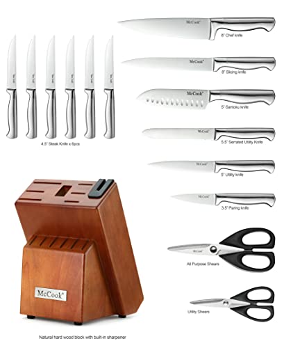 McCook Knife Sets, German Stainless Steel Kitchen Knife Block Sets with Built-in Sharpener