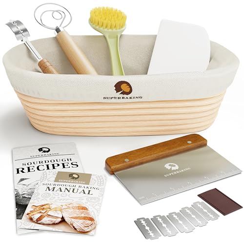 Superbaking Banneton Bread Proofing Basket Set, Oval 10" Sourdough Proofing Basket for Bread Making Tools Supplies, Bread Baking Supplies, Artisan Bread Kit, Gifts for Bakers