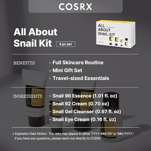 COSRX All About Snail Mucin Korean Skin Care Set, Mini Travel Essentials, Travel Size Gift Set with Snail Mucin Face Wash, Serum, Moisturizer & Eye Cream, Rejuvenating Kit