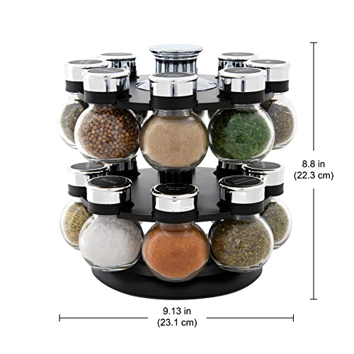 Kamenstein 16 Jar Ellington Revolving Countertop Spice Rack with Lift & Pour Caps and Spices Included, FREE Spice Refills for 5 Years: Black and Chrome