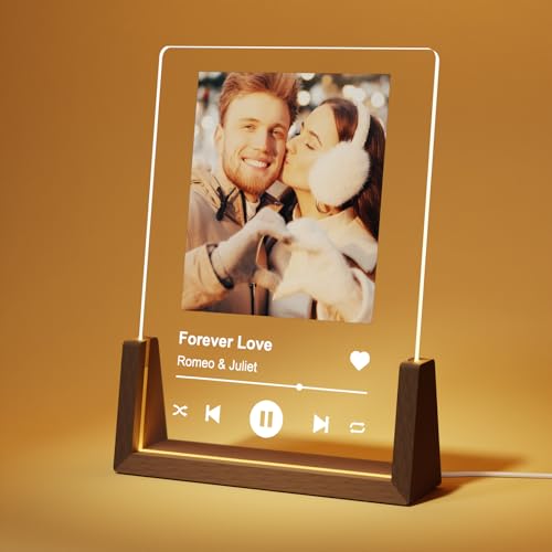 LUCKOR Unique Personalized Anniversary Gifts for Men Women, Customized LED Walnut Frame with Photos for Couple Boyfriend Girlfriend, Custom Spotify Plaque Birthday Gifts for Her Him Friends