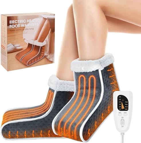 Split Electric Foot Warmer, Quick Heating Pad for Feet, 6-Level Heated Slippers for Men Women, Soft Heated Boots, Feet Warmer with Detachable Washable Liner for Home, Office, Christmas