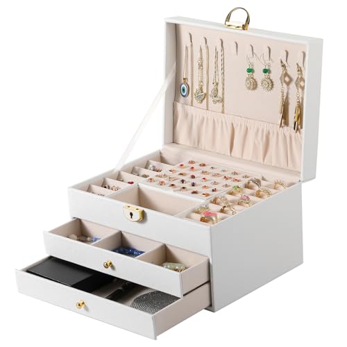 coobest 3 Layer Jewelry Box, Jewelry Holder Organizer with Jewelry Organizer Drawer, Large Jewelry Boxes & Organizer with Velvet Earring Organizer, Lockable Jewelry Holder, Christmas Gifts for Mom