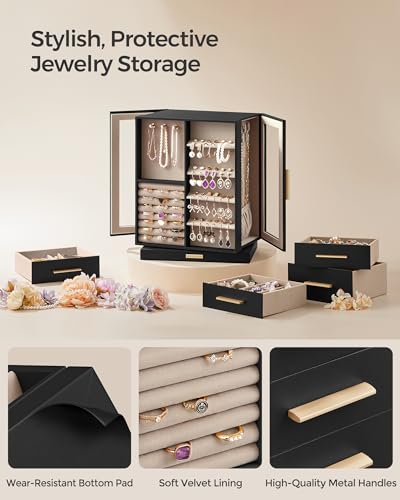 SONGMICS Jewelry Box 360° Rotating, Jewelry Storage Case with 5 Drawers, Jewelry Organizer, Glass Window, Spacious, Vertical Jewelry Storage, Open Design, Great Gift, Graphite Black UJBC170B01