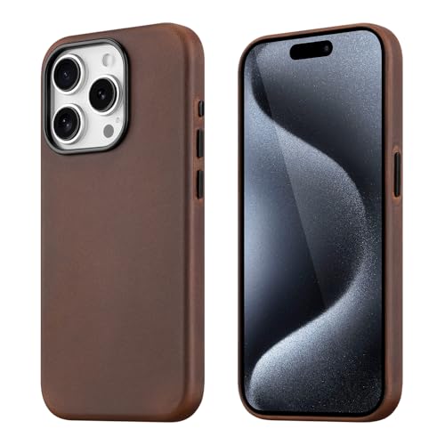 maogoam for iPhone 15 Pro Case Leather, Genuine Crazy Horse Leather Case for iPhone 15 Pro,Compatible with MagSafe, Indiana-Jones Style, Dark Brown