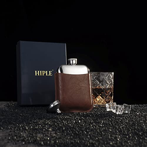 HIPLE® 6oz Hip Flask Gift Set with Free Hiple Handkerchief Premium Tan PU Leather Sleeve and Stainless Steel Funnel Gift for Men Groomsmen Gift Flask Gift and Camping Flask Liquor Gift for Him