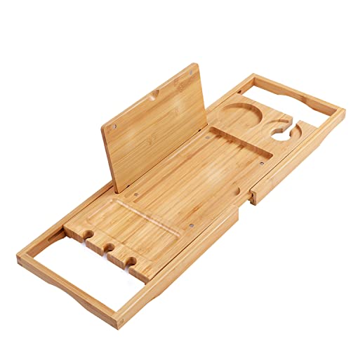 Utoplike Bamboo Bathtub Caddy Tray Bath Tray for Tub, Adjustable Bathroom Bathtub Organizer with Book Tablet Wine Glass Cup Towel Holder (24.5"-37.4")