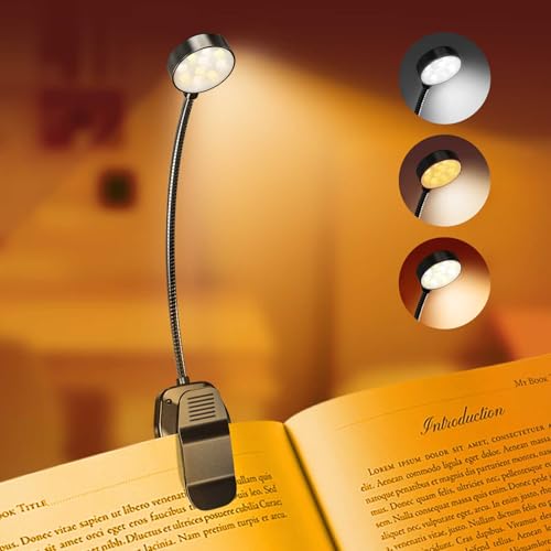 KTEBO Rechargeable Book Reading Light - Adjustable Brightness, 3 Color Temperatures, 30+ Hours Runtime - Eye Care 10 LED Lamp for Reading for Bed