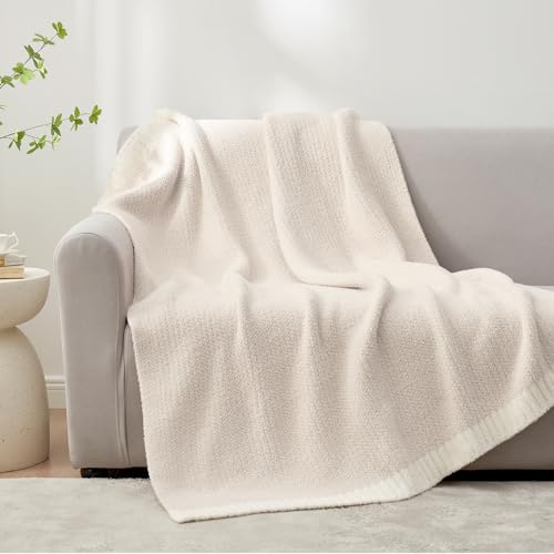 Snuggle Sac Buttery Ivory Throw Blanket for Couch, Reversible Super Soft Knitted Blankets, Warm Cozy Knit Fuzzy Plush Lightweight Throws for Sofa, Bed, Camping, Picnic, Ivory, 50 x 60 inches