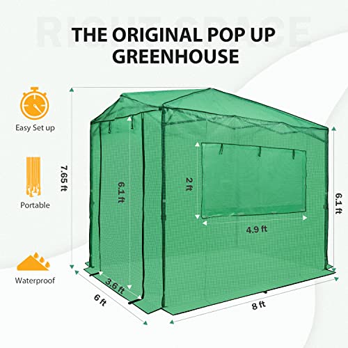 EAGLE PEAK 8x6 Portable Walk-in Greenhouse, Pop-up Indoor Outdoor Garden Green House, Zippered Doors and Windows, PE Cover, Green