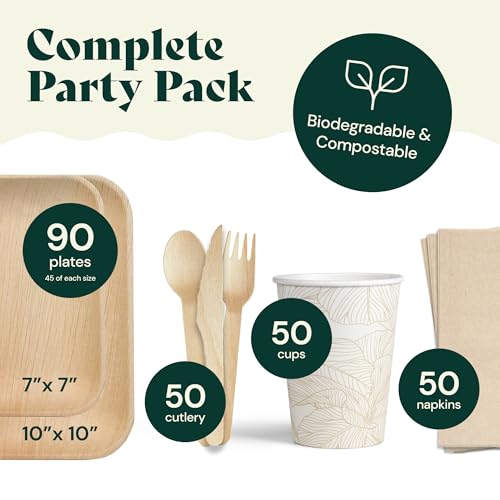 Chic Leaf Party Supplies Tableware 340 Pcs Bulk Pack for 45 Guests - 100% Biodegradable Palm Leaf Disposable Dinnerware Set, Sturdy 10'' & 7'' Plates w/ 10 Oz Cups, Napkins, Forks, Knifes & Spoons